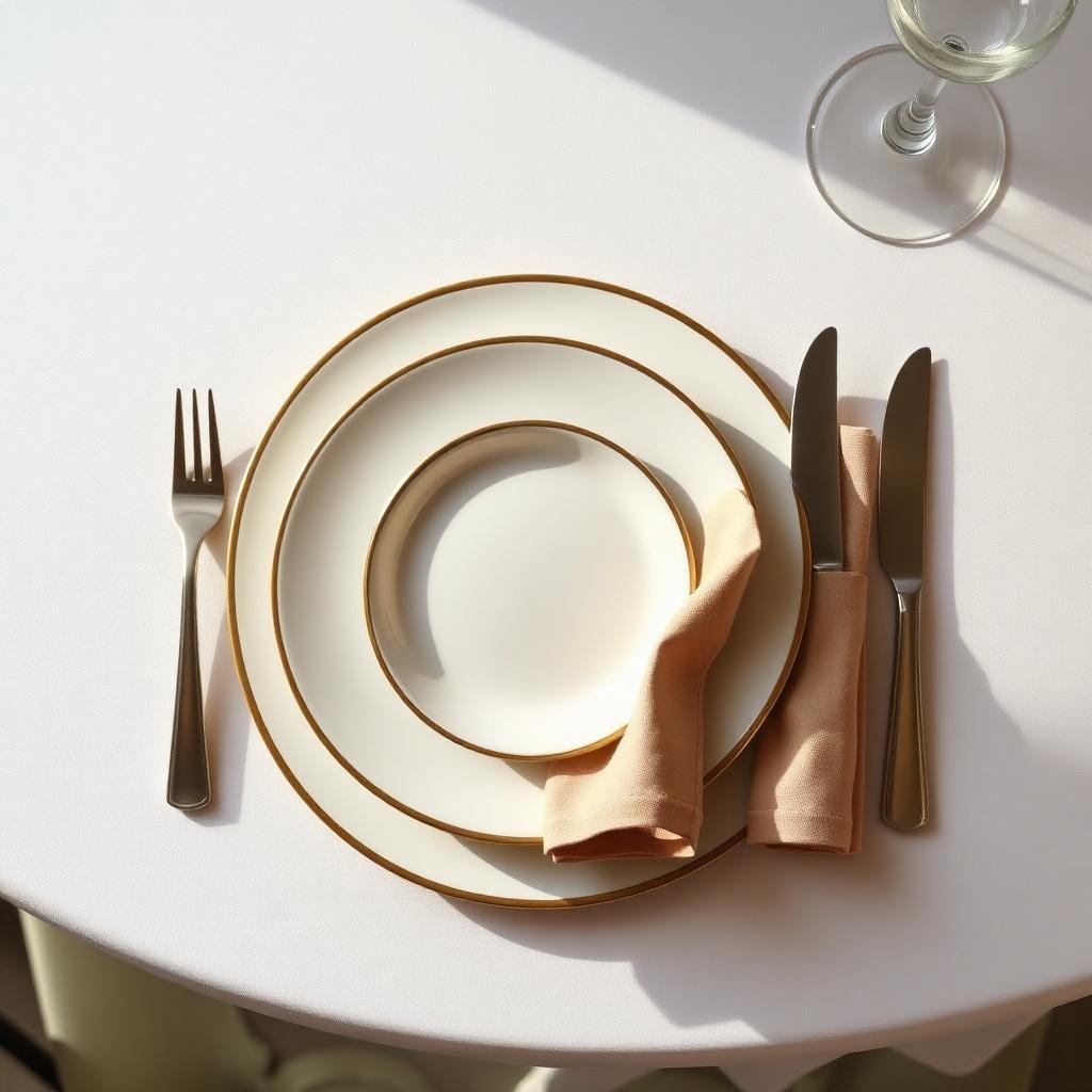 Composição de mesa posta com louças e taças em tons neutros